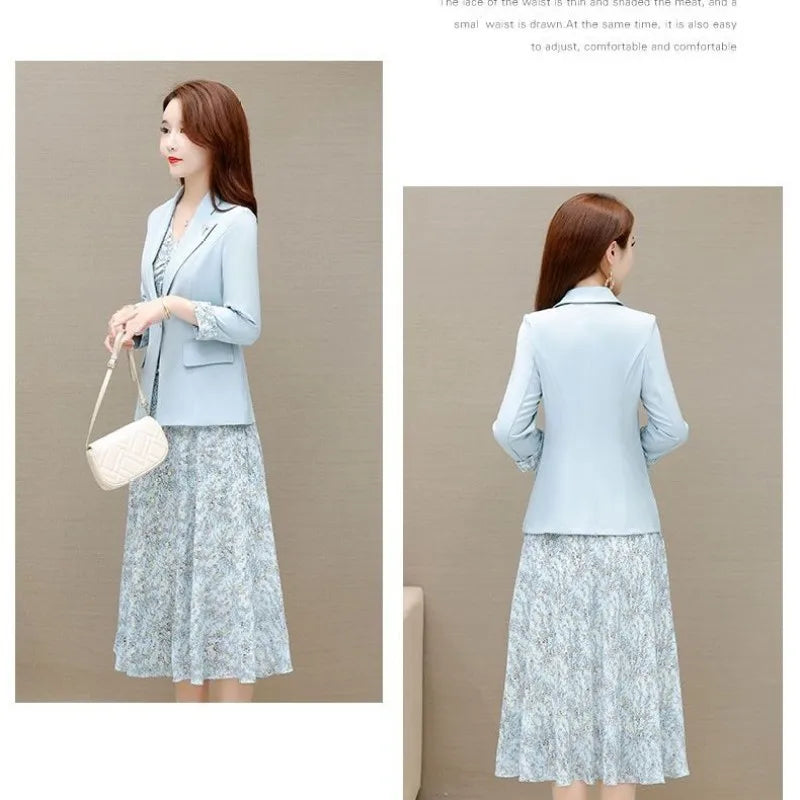 Maxy Women's Dress Set Spring Summer New Fashion Floral Suit Jacket+chiffon Skirt Two-piece Korean Casual Blazers Matching Sets