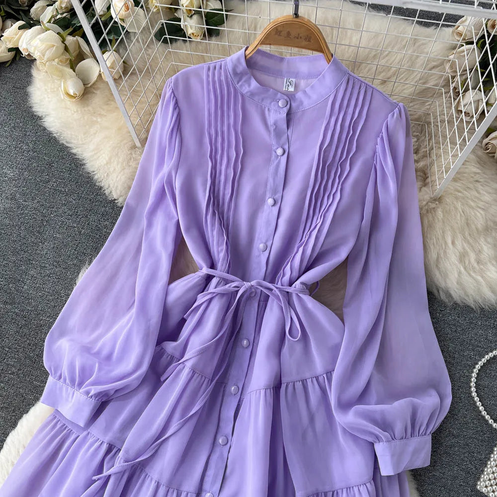 Maxy Spring Autumn Women Purple/Yellow/Blue Draped Chiffon Midi Dress Elegant Stand Collar Single Breasted Lantern Sleeve dress