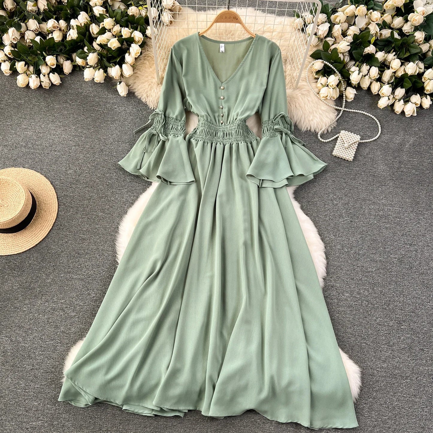 Maxy Purple/Green/Red Pleated Maxy Long Dress Women Vintage V-Neck Flare Sleeve Draped Ruffle Female Maxy Robe Summer