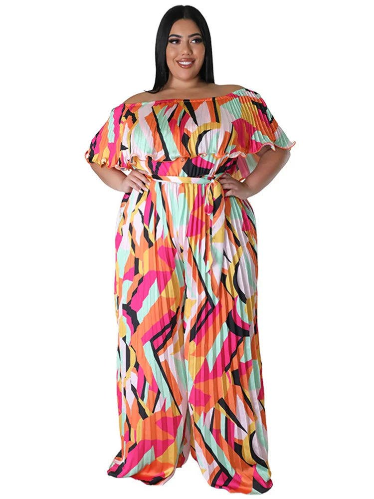 Maxy Plus Size Jumpsuit Women Clothing Pleated Wide Leg Off Shoulder Romper Printed One Piece Outfits