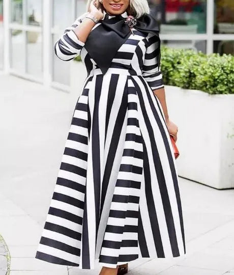 Macy Dress Women High Waist Big Swing Robes Gown With Bow Fashion New Stripe Print Elegant Streetwear African Long Dress