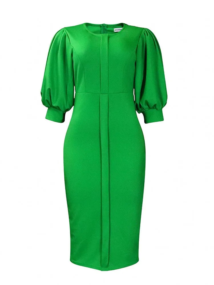 Babs Elegant Women Wear Office African Dress Summer Puff Sleeve Pencil Wrap Hip Midi Dress Africa Clothing White Robe Lady Party