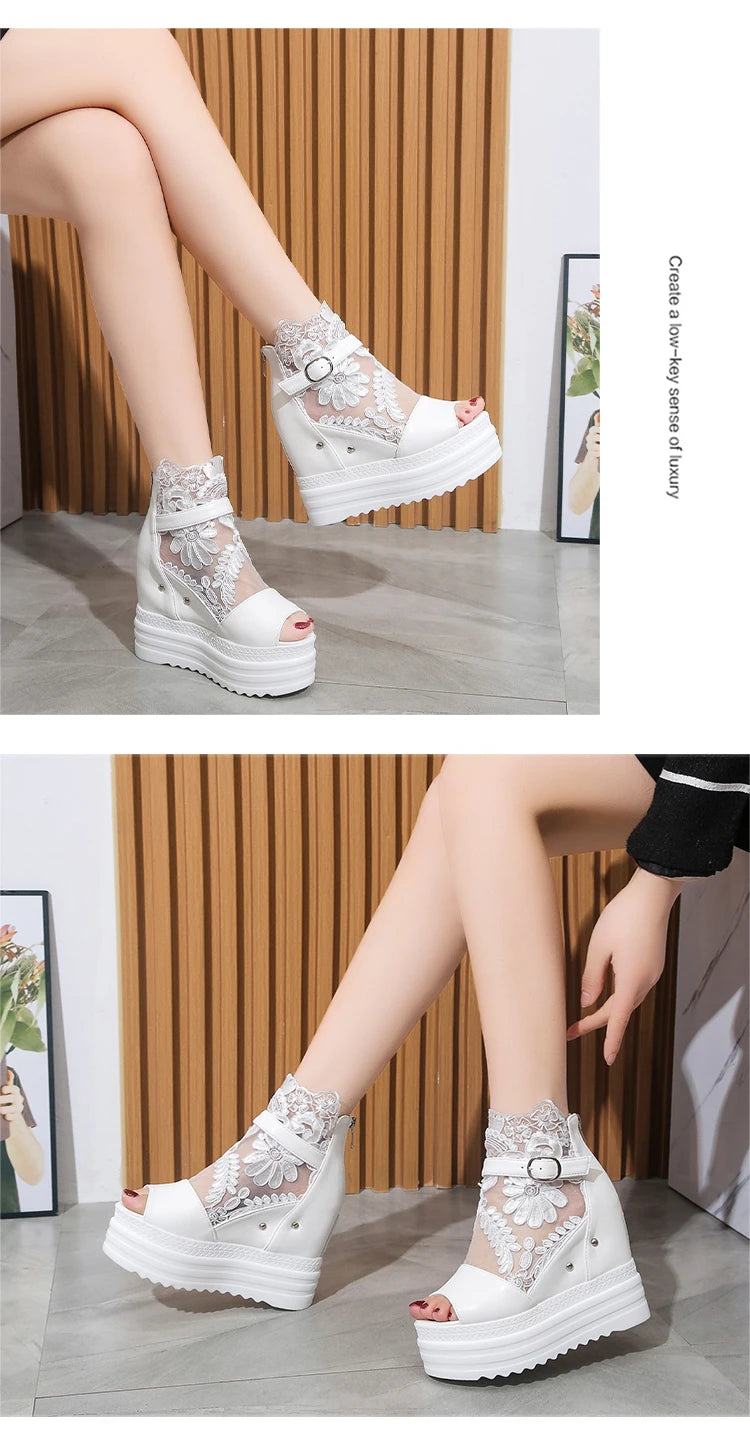 Summer Crystals Buckle Platform Sandals Women Cool ZIP Boots 10cm Wedges Heel Height Increasing Peep Toe Lace breathable Shoes