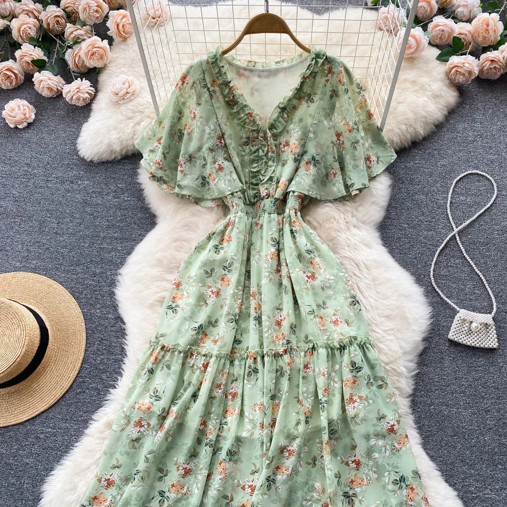 Maxy Ruffled Women Summer Long Dress 2024 Elastic Waist V Neck Vacation Chic Elegant Ladies A Line Slim Beach Dresses