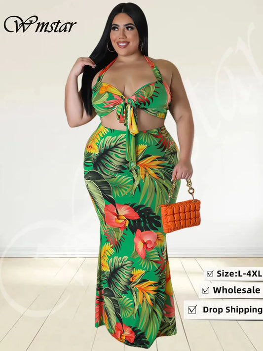 Maxy Plus Size Dress Sets Women Clothing Two Piece Set Bra and Skirts Crop Top Summer Beach Outfits