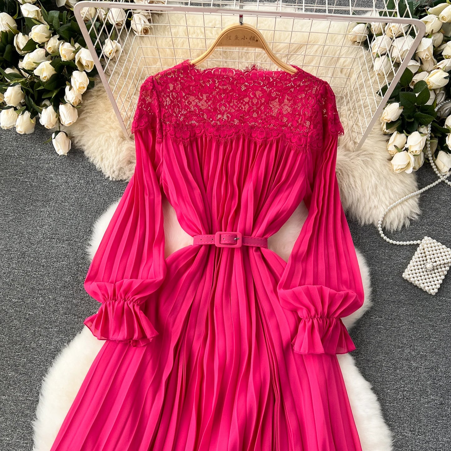 Spring Summer Women Hollow Out Lace Patchwork Pleated Long Dress Vintage Red/Blue/Purple Draped Maxi Vestidos Female Robe New