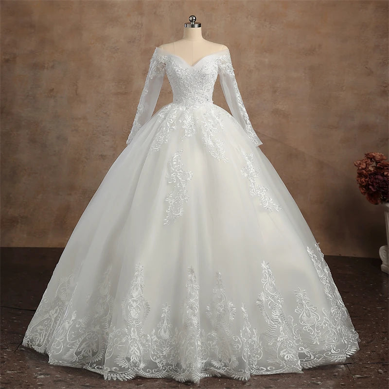 Maxy Real video Ball Gown Off Shoulder Wedding Dresses Full Sleeve Sweetheart Lace Bead Wedding Dresses for Women 2024