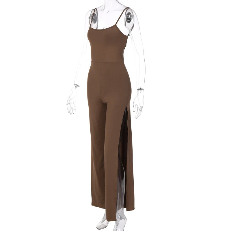 Maxy Summer Women Sexy Y2K Lace Up Backless Strap Rompers Slit Wide Leg Jumpsuit Outfits Vacation Streetwear Overalls