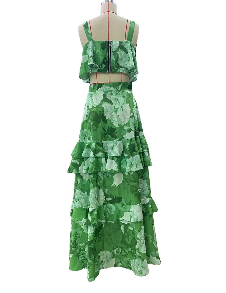 Maxy 2 Piece Set Women Stylish Floral Elegant Printed Sleeveless Short Top+Loose High Waist Pleated Long Skirt Sets