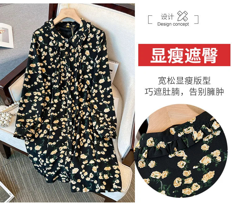 Momsey150Kg Plus size Women's Bust 150 Spring Autumn New Loose Long-Sleeved Lapel Floral Shirt-Dress Black 5XL 6XL 7XL 8XL 9XL