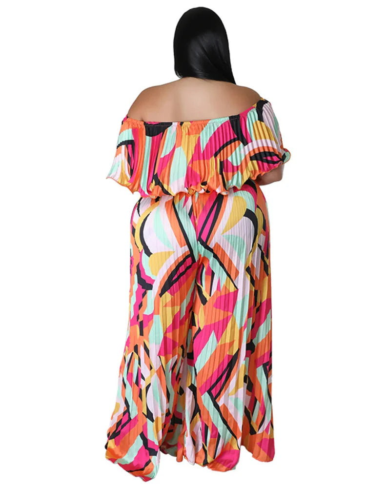 Maxy Plus Size Jumpsuit Women Clothing Pleated Wide Leg Off Shoulder Romper Printed One Piece Outfits