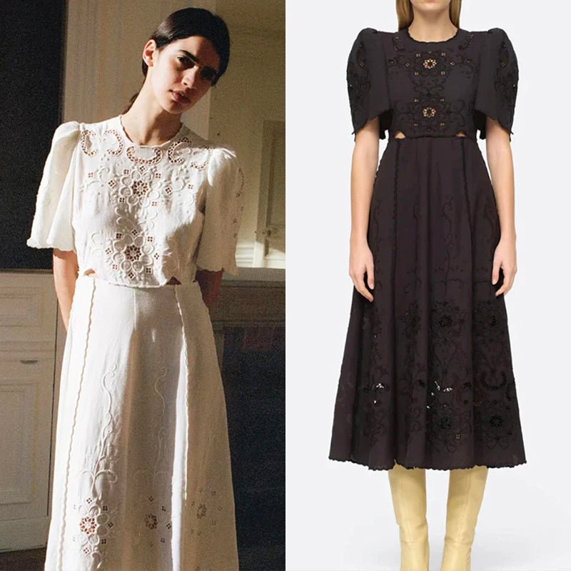 Momsey 2024 Spring Summer Women Dress Embroidery Hollow out White or Black Short Sleeve Female O-neck Midi Robe