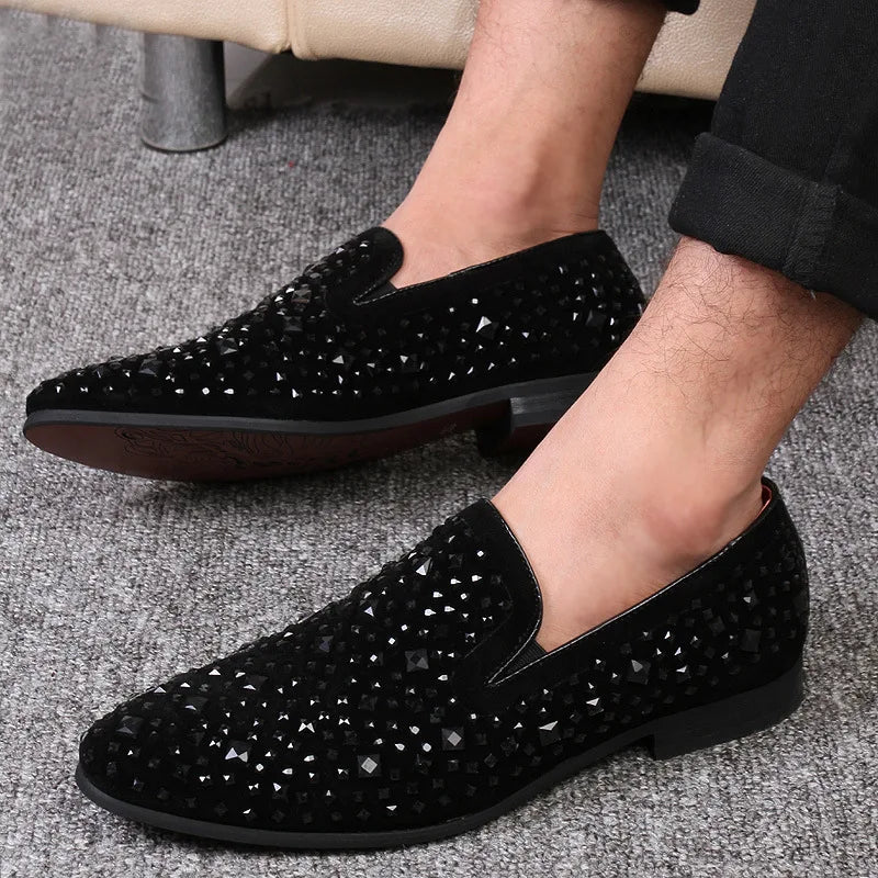 Visco Fashion Men Rhinestones Club Wedding Loafers Moccasins Men's Casual Shoes Suede Leather Mens Light Comfortable Driving Flats