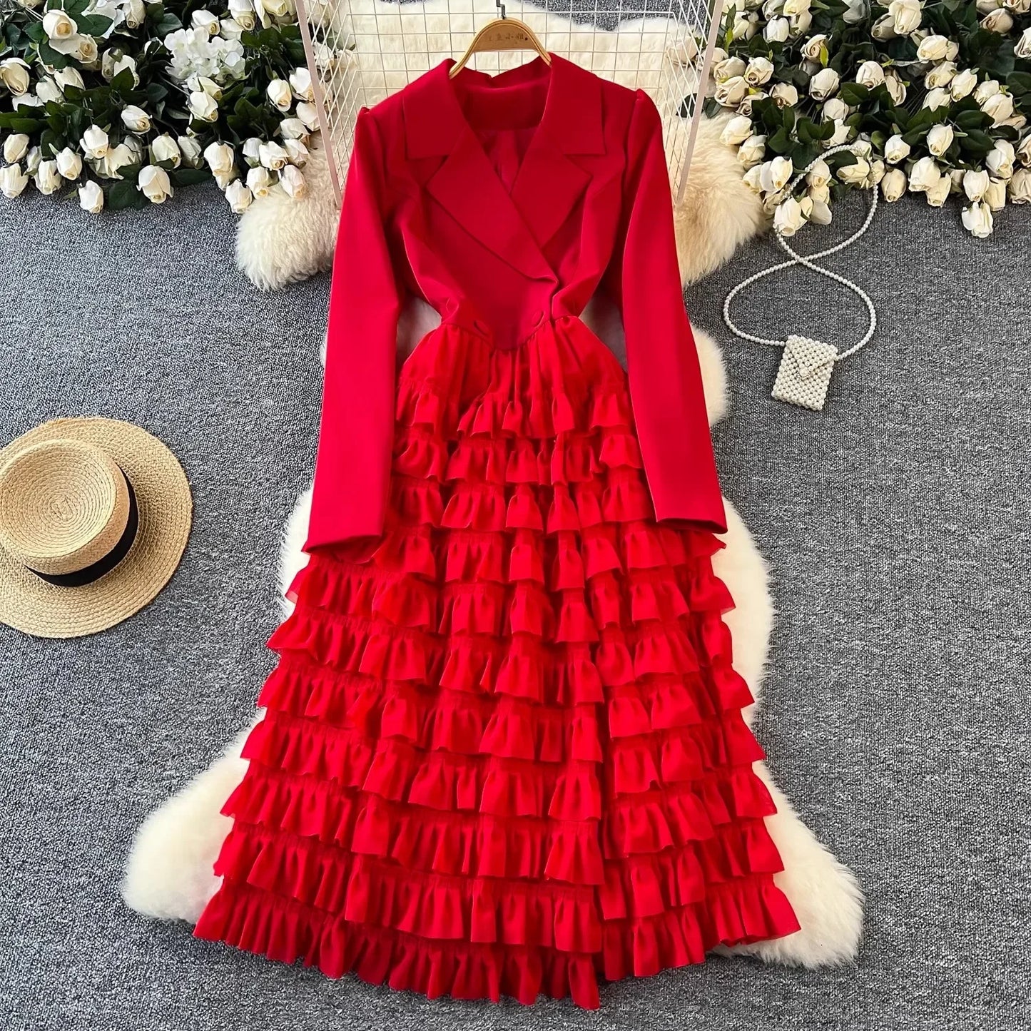 Zay Women Vintage Evening Party Dress Spring Autumn Lapel Long Sleeve Patchwork Mesh Layered Dresses Ladies Elegant Long Robe