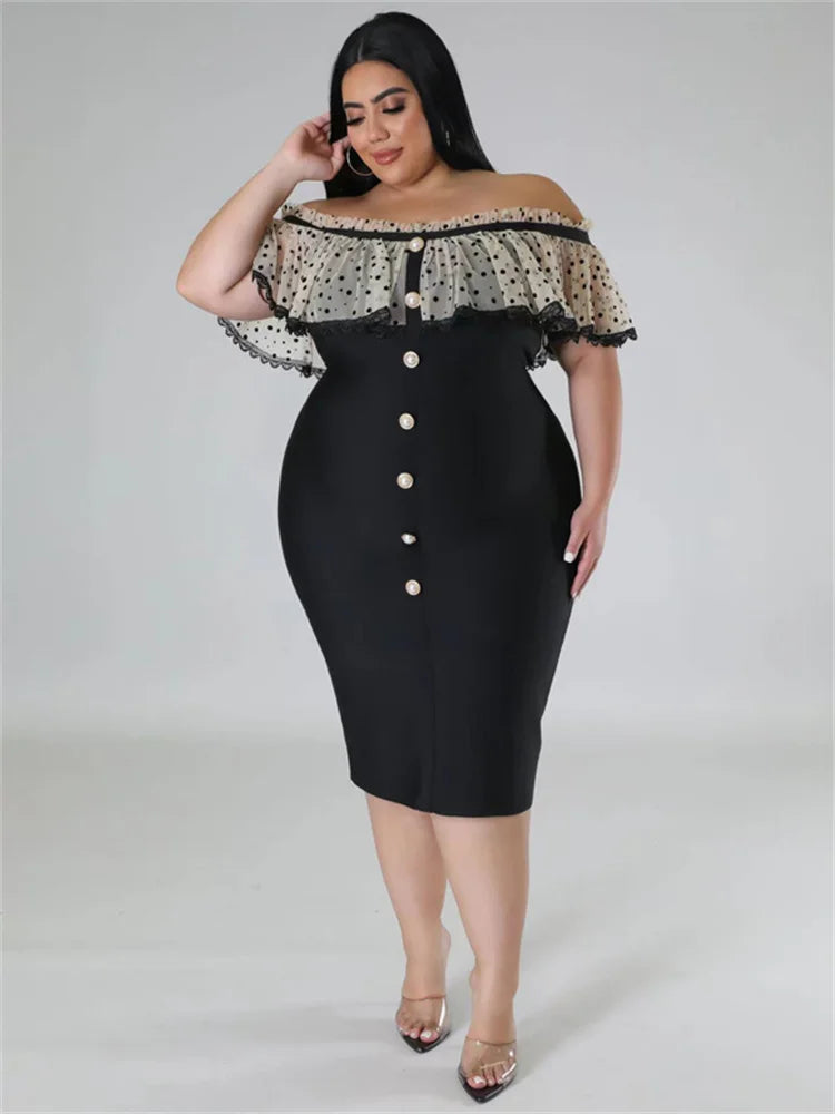 Maxy Plus Size Party Dress Women Clothing Solid Mesh Patchwork Off Shoulder Dress Fashion Outfits