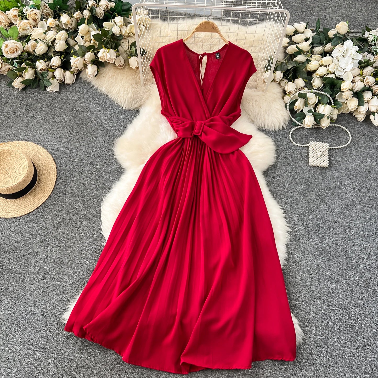 Babs French Vintage Elegant Pleated V-neck Dress A-line Fashion Chiffon Spring Autumn Sleeveless Vestidos Women Dresses