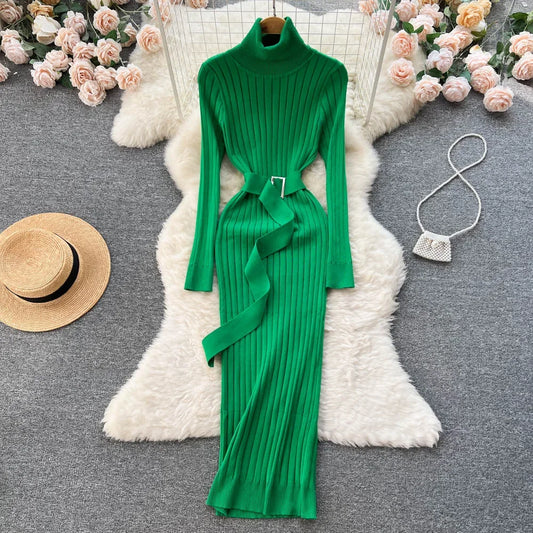 Babs Green Winter Turtleneck Sexy Women Dress Autumn Long Sleeve Skinny Macy  Bodycon Casual Sweater With Belt Party Club