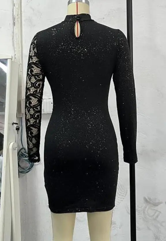 Maxy Evening Dresses for Women New Elegant Sexy Party Wedding Guest Glitter Contrast Lace Cutout Long Sleeve Bodycon Mini Dress