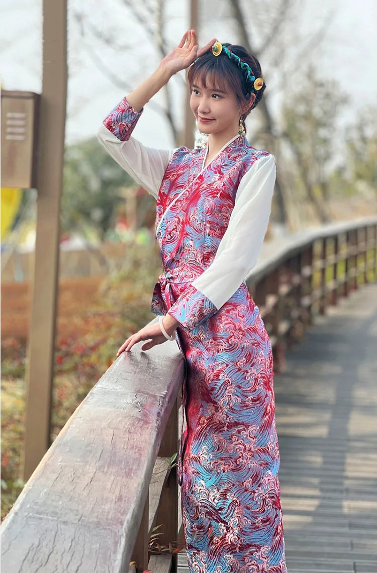 Summer Elegant Asian costume Tibetan Dress For Women Long Sleeve Traditional Ethnic clothing Oriental Ladies gown