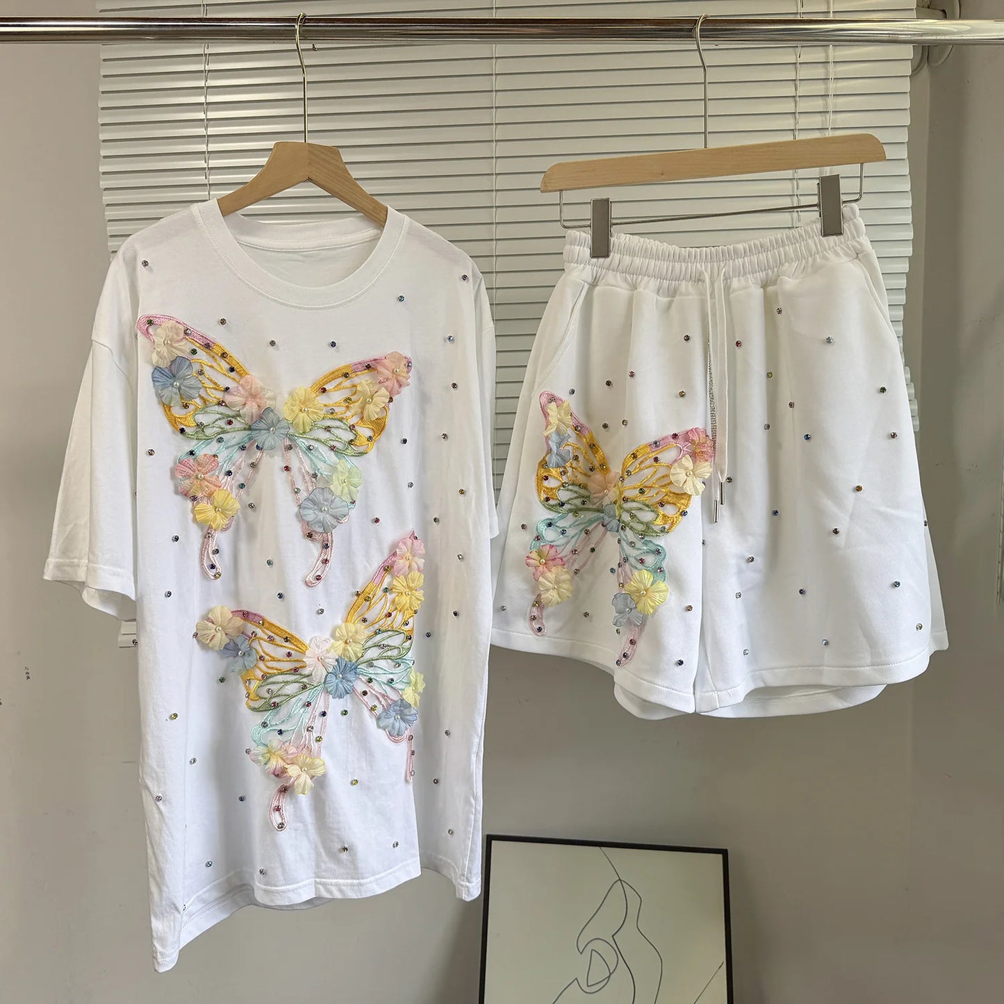 Maxy Fashion Butterfly Floral Beading Women's Set T-shirt and Shorts 2025 Summer Active Two 2 Piece Sets Outfit Tracksuit