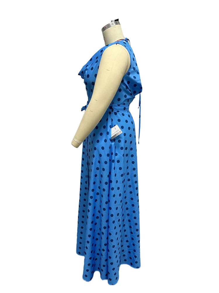 Babs Long Dress Women Summer Pleated Collar Backless Sexy Blue Dress Sleeveless Printed Maxi Dress Plus Size Wholesale Dropshipping