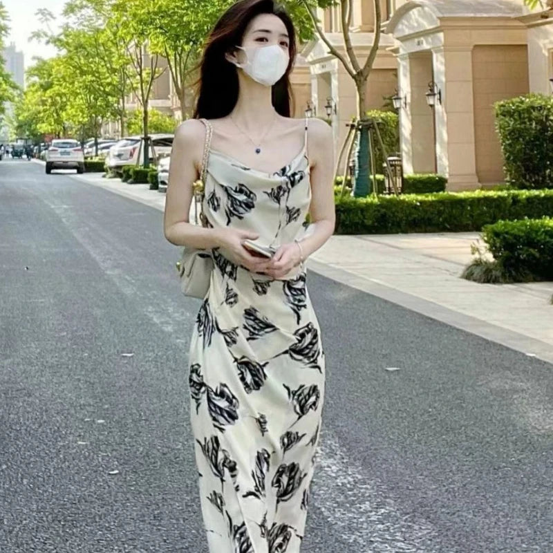 Maxy Printed Dresses Women Holiday Casual Summer Ins Sexy Graceful Korean Style New Female Mature Temperament Popular Empire Vintage