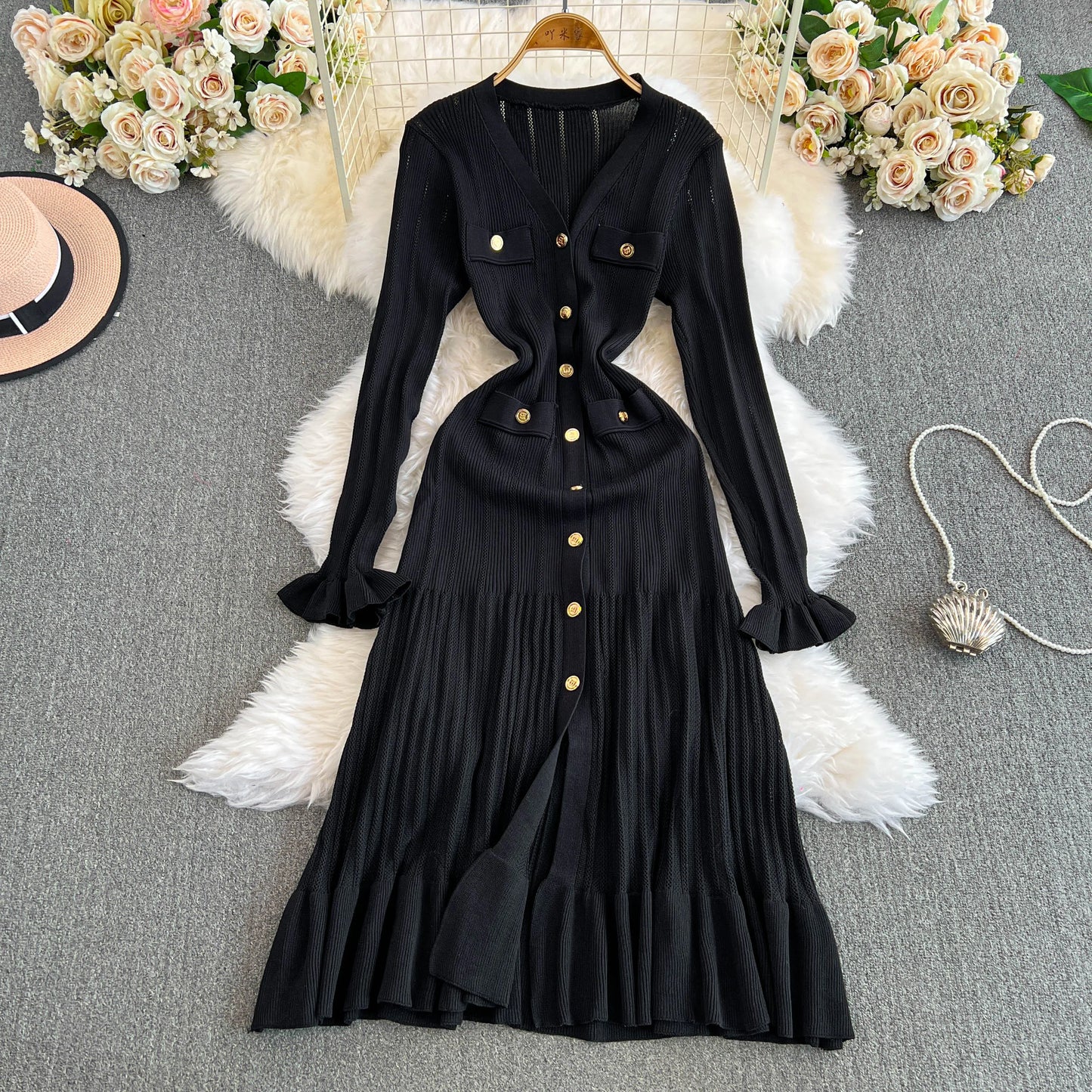 Women Casual Elegant Office Dress Winter New Style with Black Fungus Edge Single Breasted Fish Tail Knitt High Waist Slim Dress