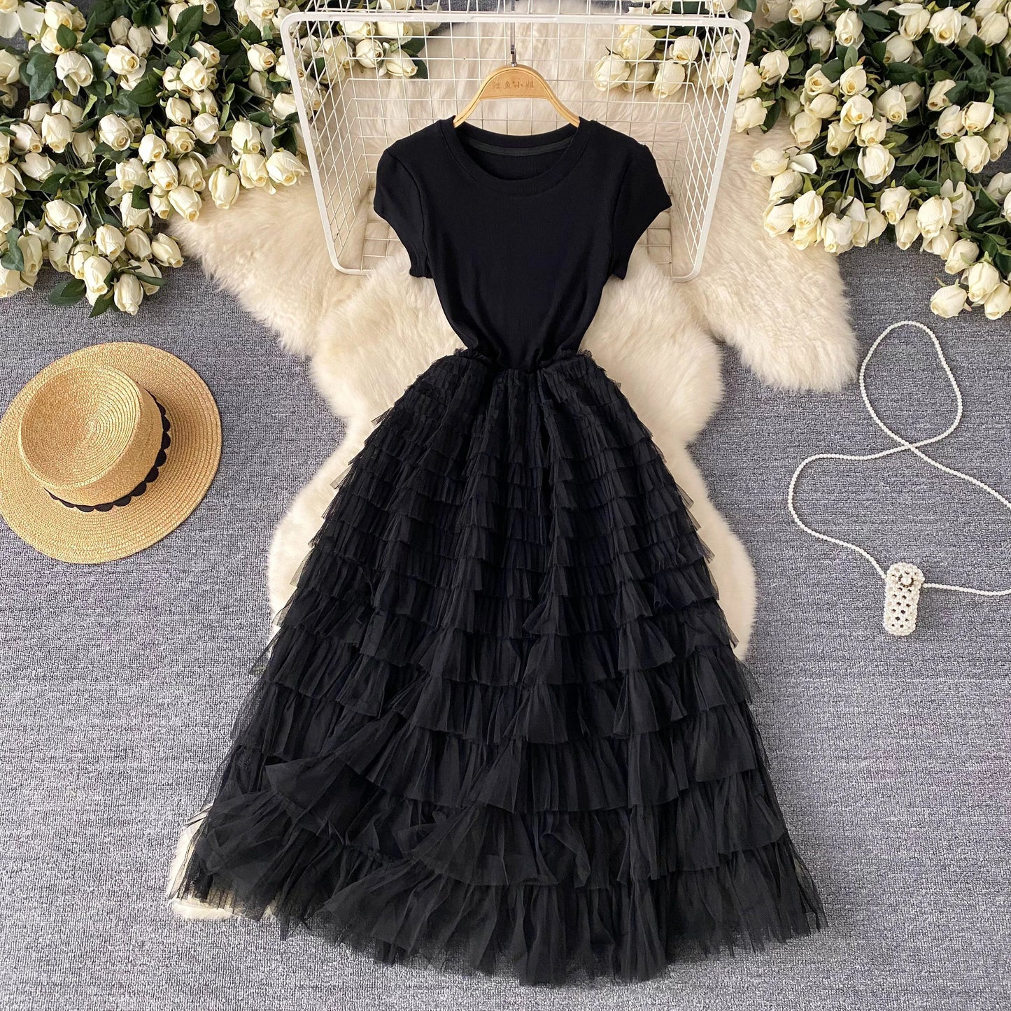Maxy Fairycore Fashion Newest Chic Dresses Women O-Neck Short Sleeve Mesh Splice Design Vacation Summer Cake Long Dress