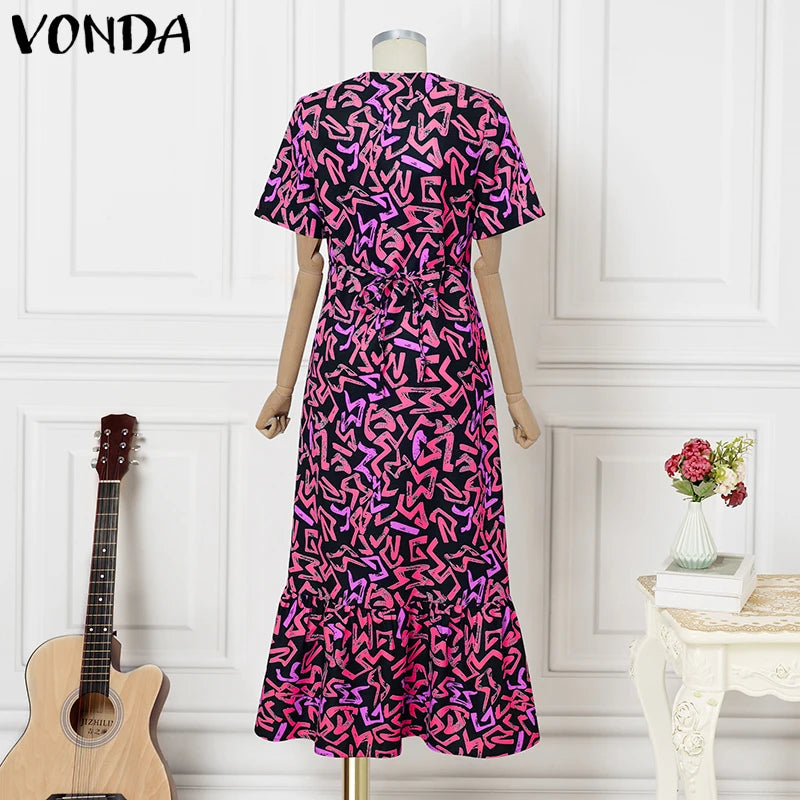 Maxy Summer Vintage Bohemian Dress Women Short Sleeve Printed Party Vestidos Casual Ruffled Long Robe V-Neck Vestidos