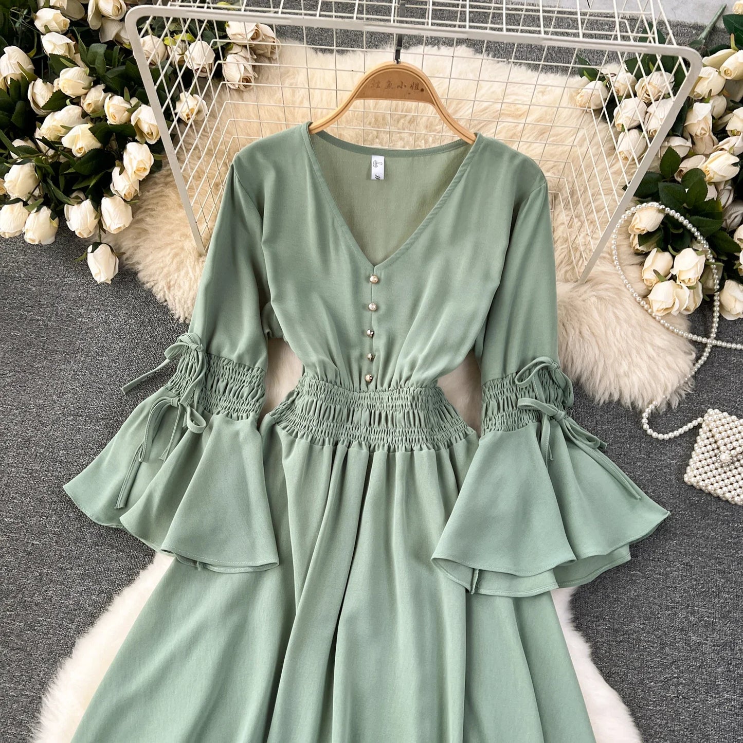 Maxy Purple/Green/Red Pleated Maxy Long Dress Women Vintage V-Neck Flare Sleeve Draped Ruffle Female Maxy Robe Summer