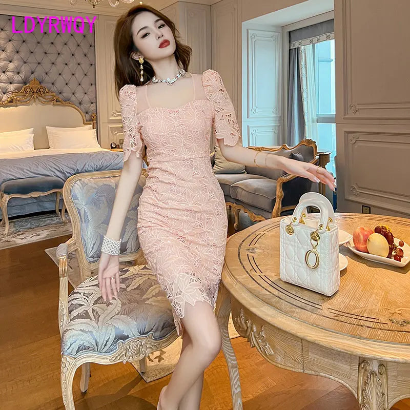 Summer 2024 Maxy new square collar water-soluble lace slim dress small children