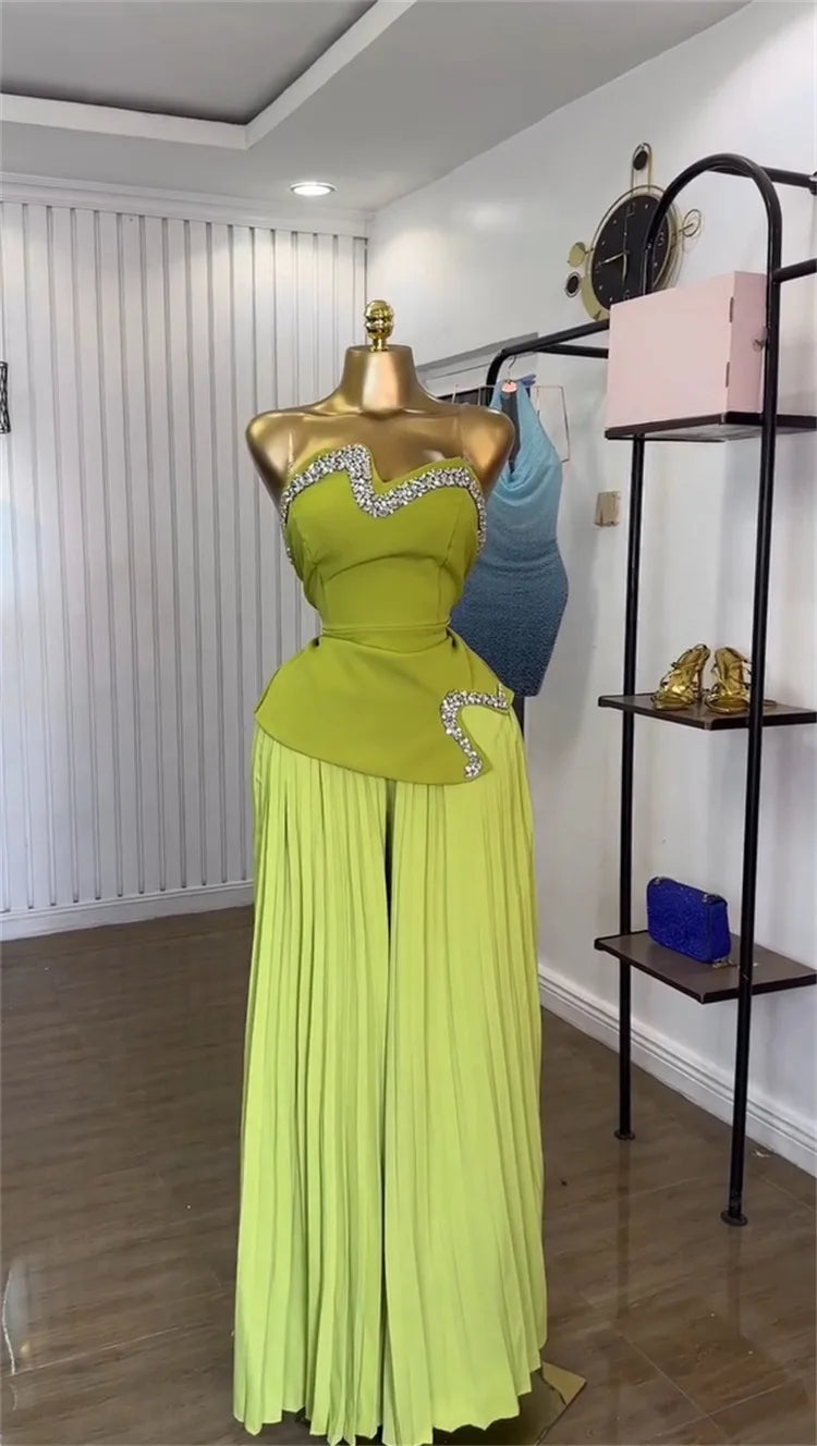Maxy CM. YAYA Women's Set Diamonds Hot Rhinestones Crop Top and Pleated Wide Leg Pants Suit 2025 Two 2 Piece Sets Outfits Tracksuit