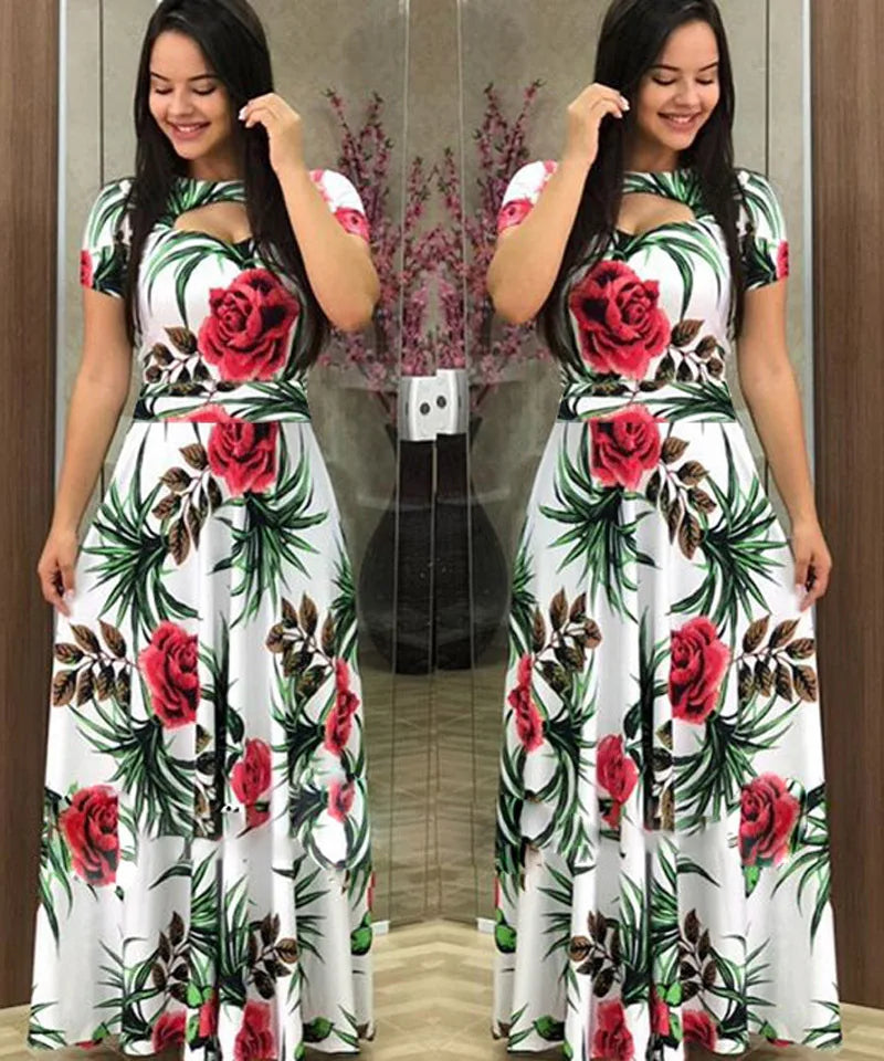 Babs Elegant Spring Women's Dress Casual Fashion Floral Print Short Sleeve Super Long Dress New Fashion Hollow Out Long Dresses