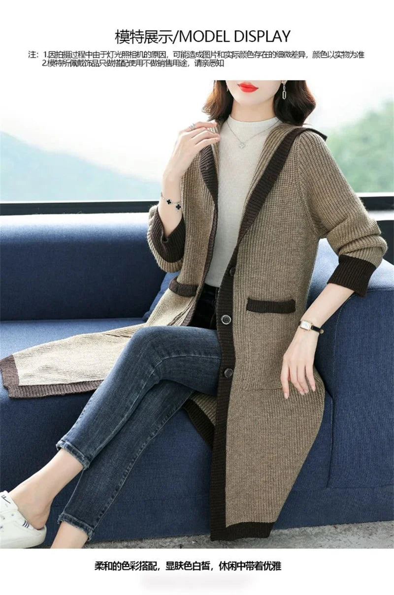 Maxy new Hooded Knitted Momsey Sweater Coat Women Autumn Winter Long Wool  AmericanFemale Casual Loose Knitting Jacket Large Size 5XL