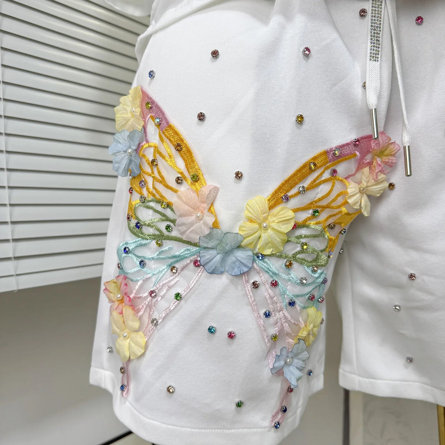 Maxy Fashion Butterfly Floral Beading Women's Set T-shirt and Shorts 2025 Summer Active Two 2 Piece Sets Outfit Tracksuit