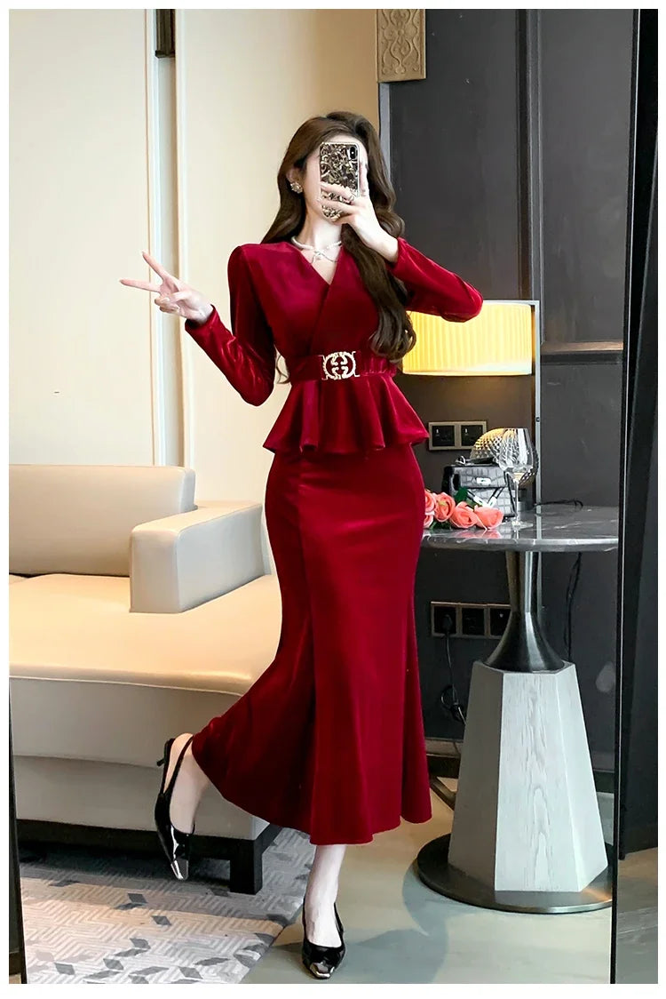 Babs Winter Red Velvet Chic Ruffled Bandage Long Dress Women Elegant Luxury Festival Dress Gown Korean Elegant Prom Dress