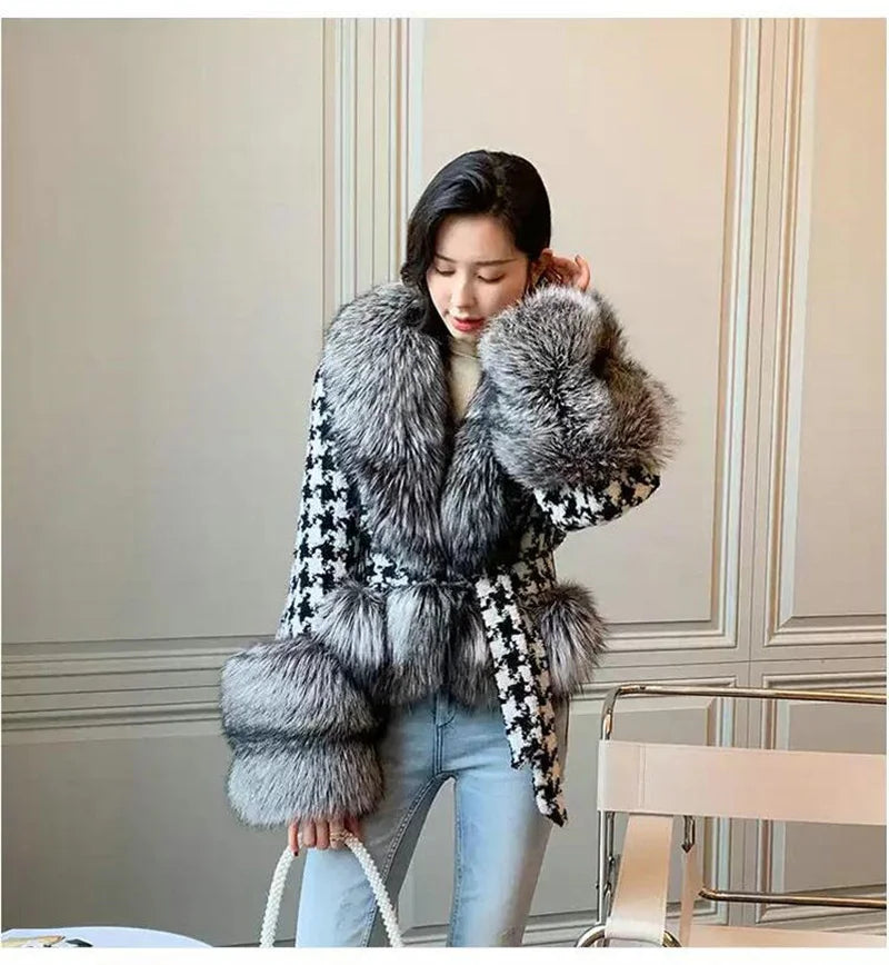 Babs Fox Fur Grass Coat Women Short Thousand Bird Grid Double Faced Fleece Collar 2024 Small Fragrant Style Imitation Fur Coat Female