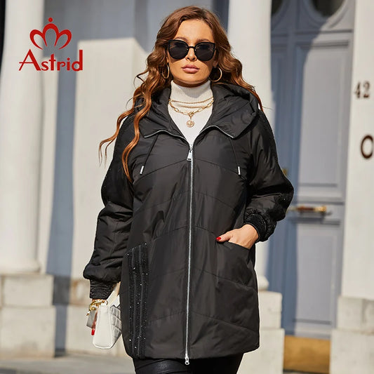 Gacy 2024 Spring Women's Parkas Plus Size Padded Coats Hooded Fashion Wool Textile Stitching Jacket Outerwear Quilted AM-10122