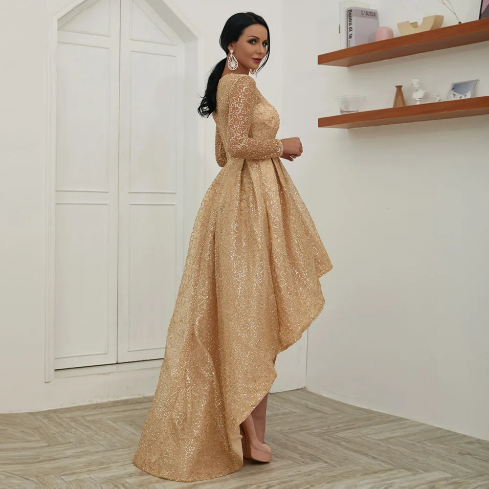Macy Gorgeous Elegant Perspective Long Sleeve Crewneck Lace Sequins Party Dinner Wedding Lady Small Tail Dress