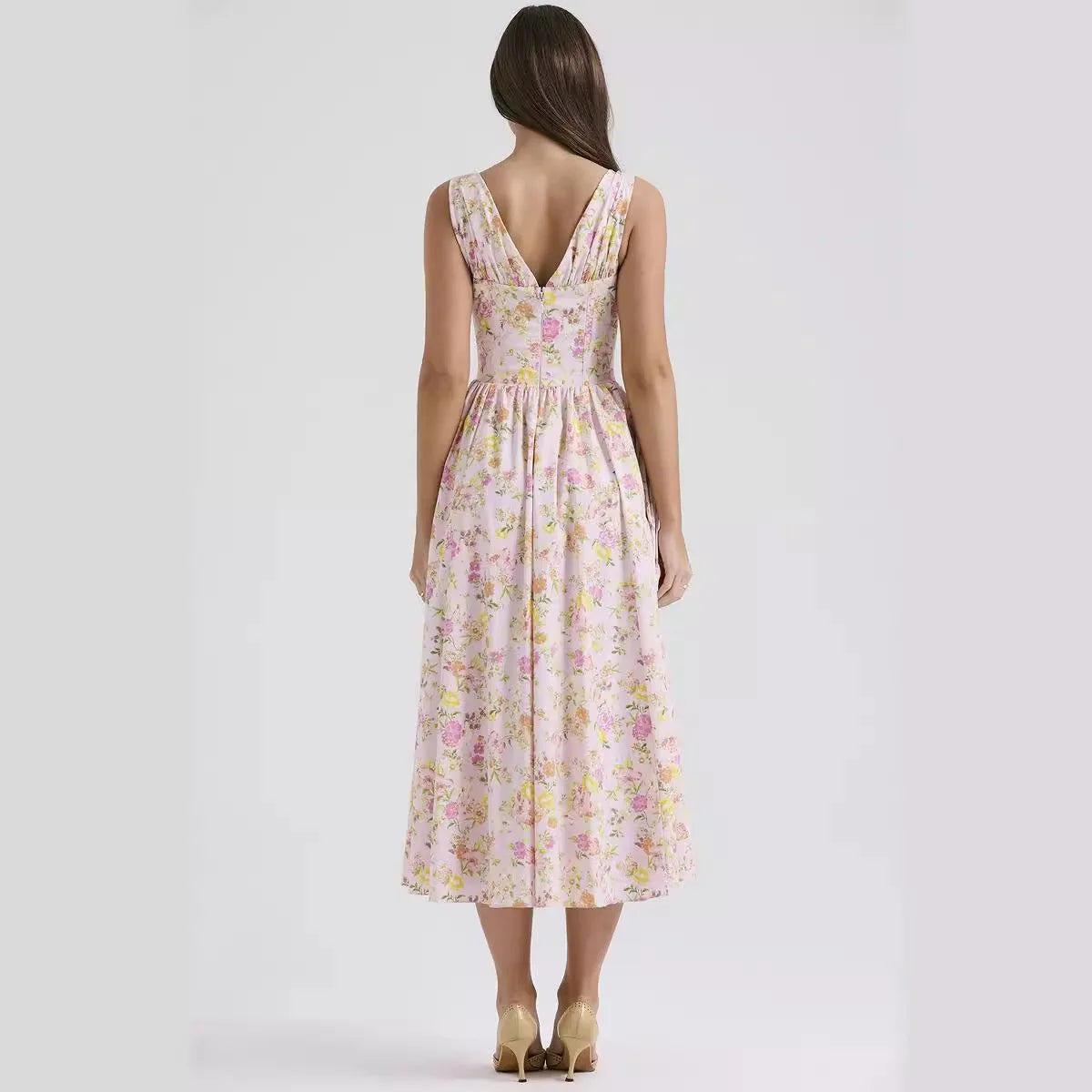 Maxy New Arrivals Summer Elegant Floral Print Women Dress Long A Line Casual V-neck Sleeveless High Waist Daily Dress