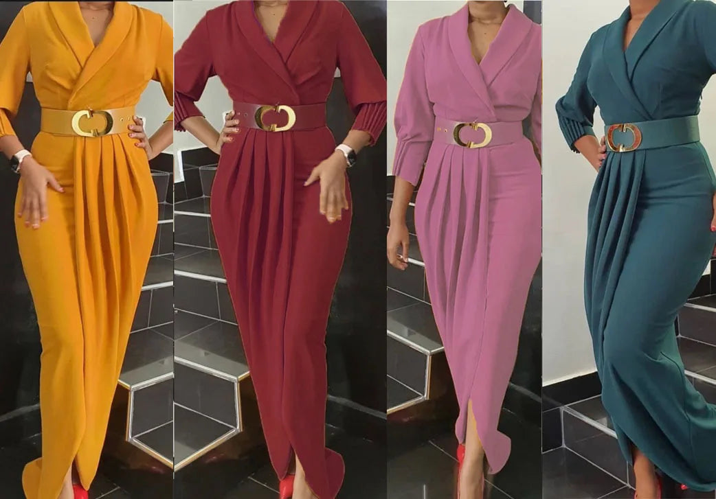 Maxy Elegant Office Ladies Dresses Women Fall Clothes Plus Size Long Sleeve Slim 3XL Dresses With Belt
