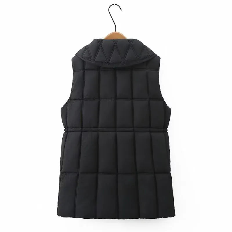 Maxy Women's Clothing Autumn and Winter New in Thickened Laminated Vest Turndown Collar Mid-Length Quilted Jacket Oversize