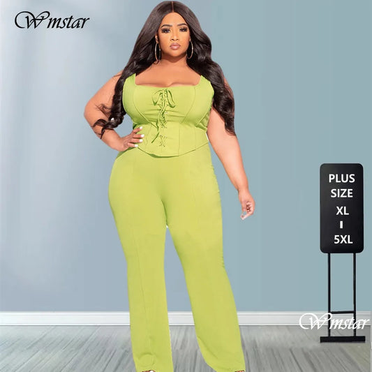 Maxy Plus Size Women Clothing 2 Piece Outfits Summer Bandage Top Flared Pants Fashion Matching Sets