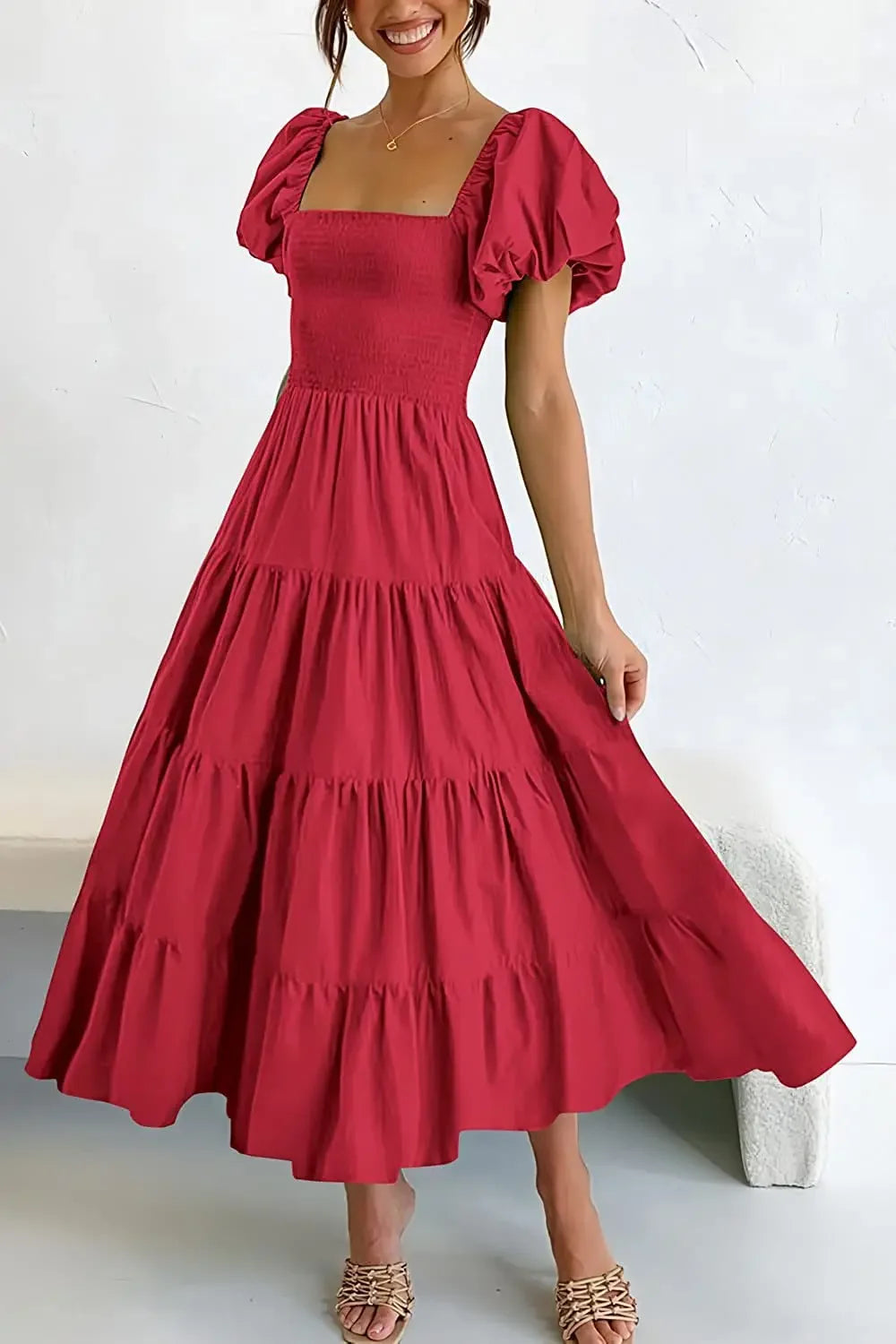Maxy Dress Women Clothing Ruffles Ruched A-Line Frock Square Neck Short Sleeve Dress Vacation Streetwear Outfits Summer