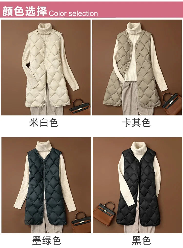 Maxy Plus Size Female Korean V-neck Casual Ultra-Light Vest Coat Autumn Winter Women X-Long White Duck Down Warm Sleeveless Jackets