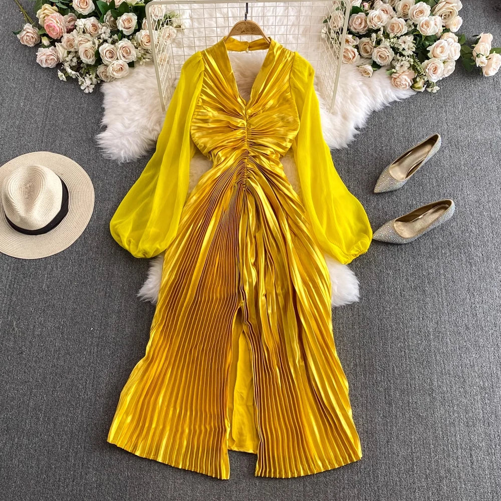 Amay Women's Temperament Puff Long Sleeve Hanging Neck Split Metal Pleated Dress Y2k Fashion Tide Spring Summer