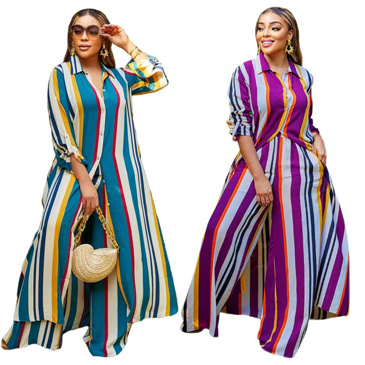 Babs Spring Autumn African Clothes African Women Long Sleeve Stripe Two Pieces Sets Top and Long Pant African Suit S-2XL