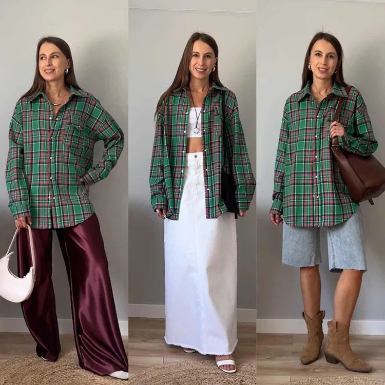 Maxy Green Vintage Plaid Shirt Women Oversize Top Long Sleeves Autumn Winter Loose Women's Shirt And Blouses Oversized