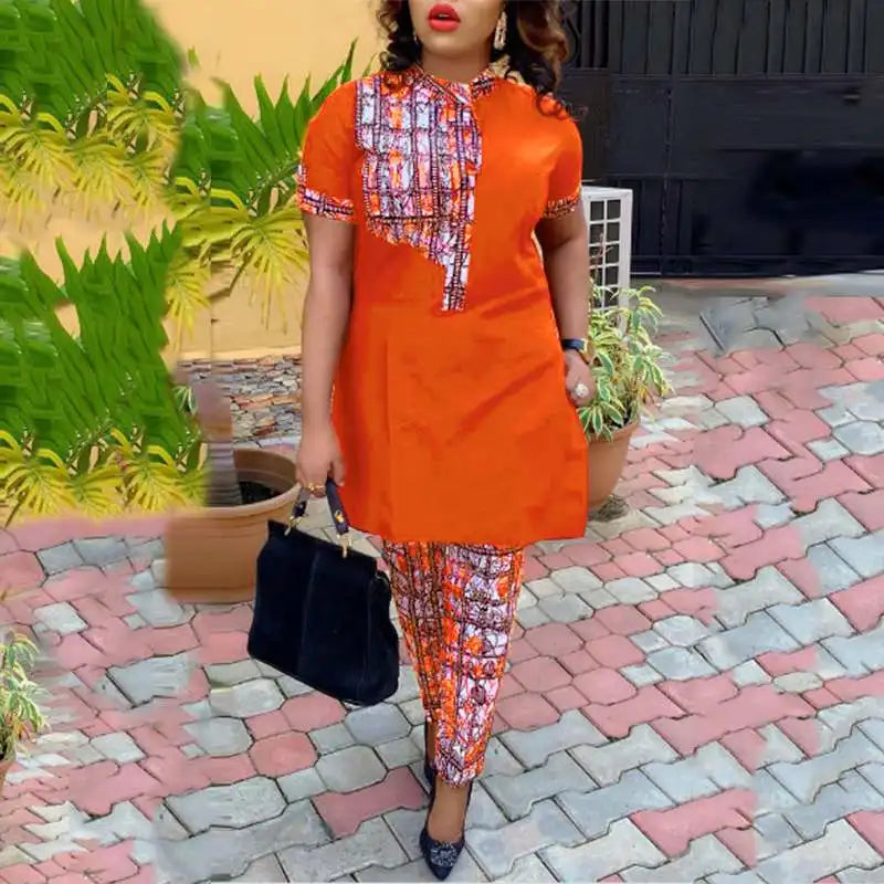 Maxy Women Office Pant Sets Summer Printed Suits Vintage Stand Collar Short Sleeve Tops and Long Pants Casual Loose Sets