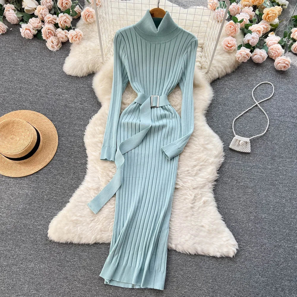 Babs Green Winter Turtleneck Sexy Women Dress Autumn Long Sleeve Skinny Macy  Bodycon Casual Sweater With Belt Party Club